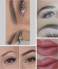 Load image into Gallery viewer, A collage of images showing different permanent makeup techniques including microblading, combo brows, microshading, ombre powder brows, and lip blush on various parts of the face.